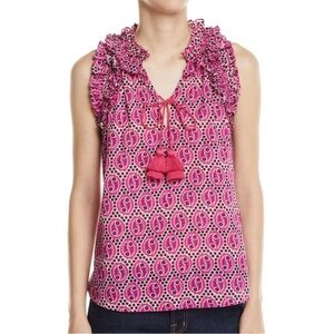 FIGUE Fabiana Ruffled Metallic Cotton Top Pink Poplin Shirt Tassel Blouse Sz L